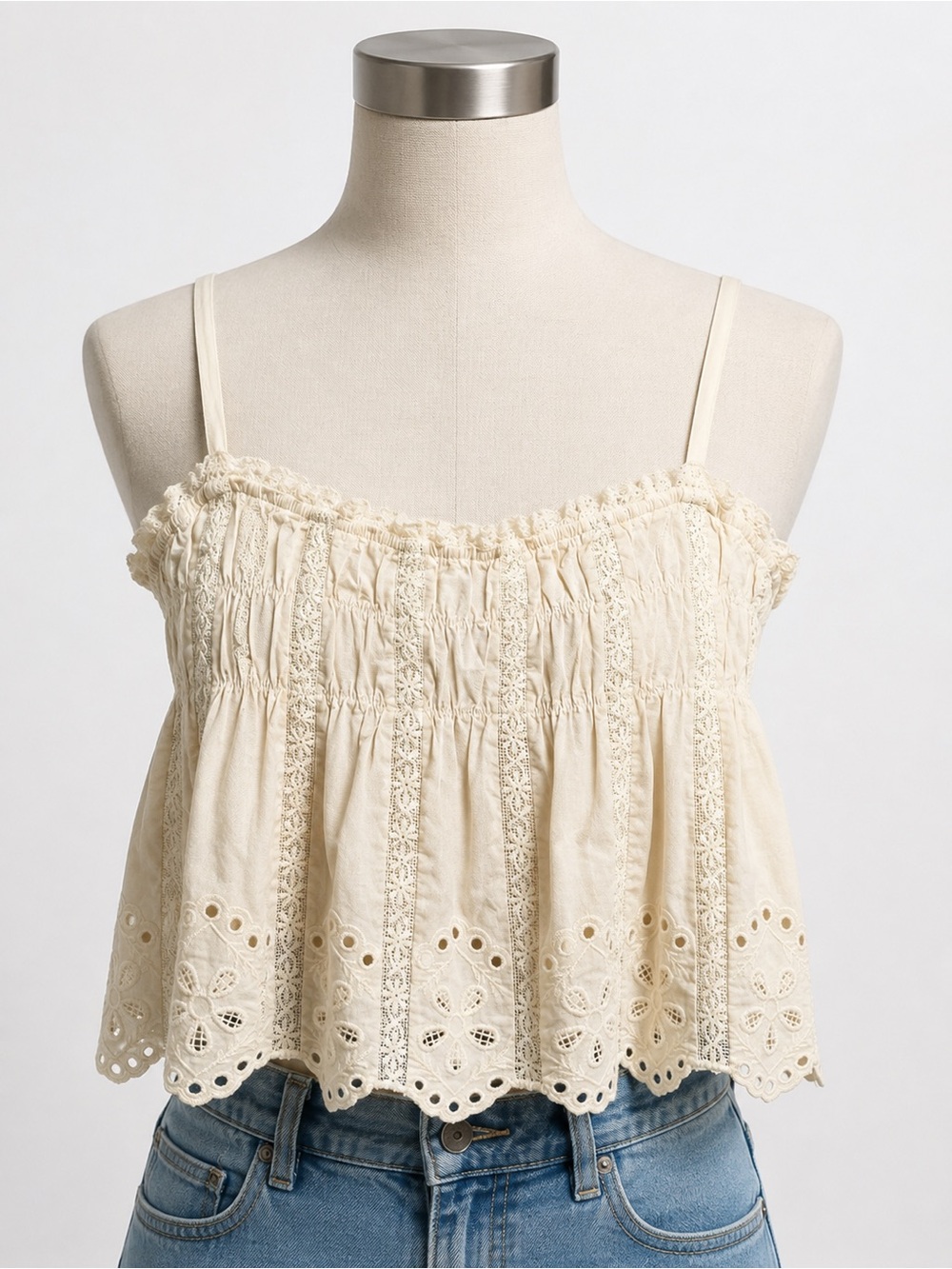 Zara Cream Eyelet Lace Smocked Cami Top